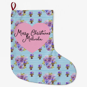 Shabby Floral Pastel Blue Christmas Girls Name Large Christmas Stocking