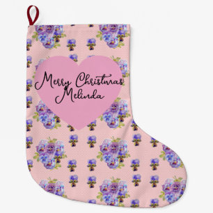 Shabby Floral Pastel Blue Christmas Girls Name Large Christmas Stocking