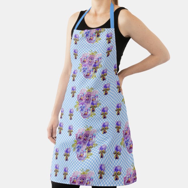Shabby Flower Blue Gingham floral Kitchen Apron (Insitu)