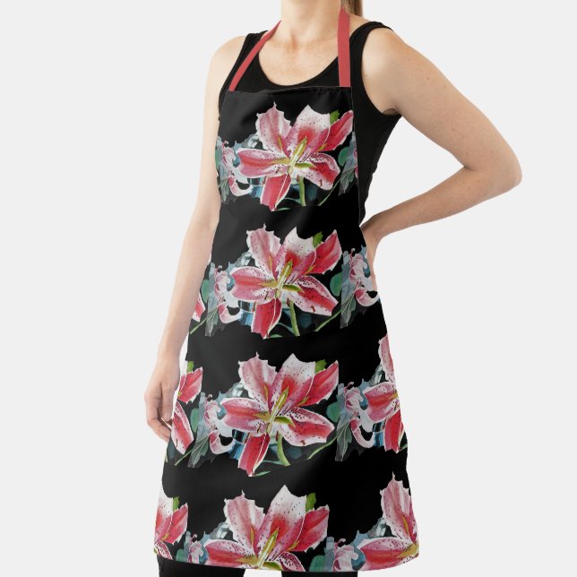 Shabby Flower Red Lily Black floral Kitchen Apron (Insitu)