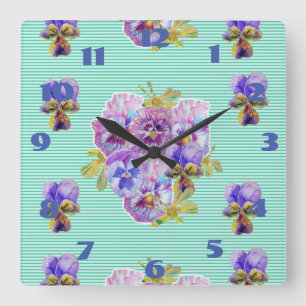 Shabby Pansies Pansy Floral Aqua Turquoise Square Wall Clock