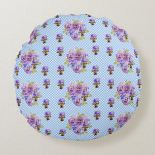 Shabby Pansy Floral Blue Gingham Flowers Retro  Round Cushion