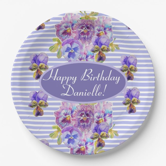 Shabby Pink Rose Floral Tea Party Purple Paper Plate (Front)