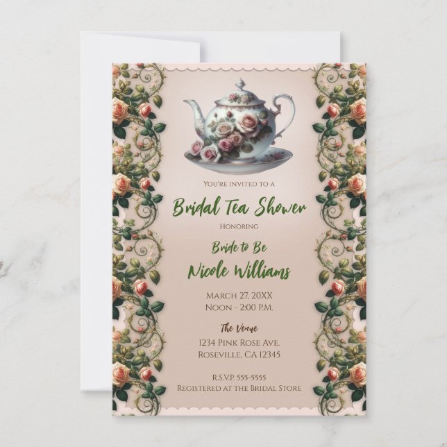 Shabby Pink Rose Vines Floral Bridal Tea Shower  Invitation (Front)