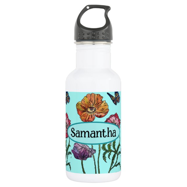  Shabby Poppy Red Purple on Aqua Customizable Name 532 Ml Water Bottle (Front)