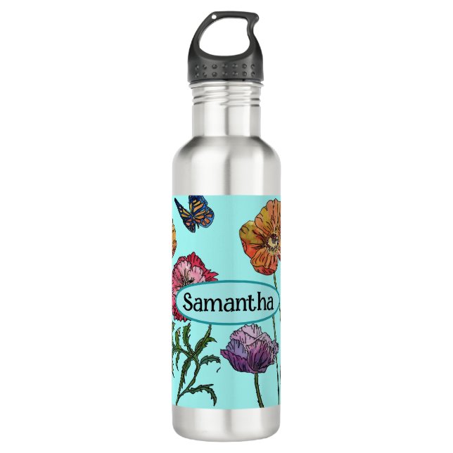  Shabby Poppy Red Purple on Aqua Customizable Name 710 Ml Water Bottle (Front)