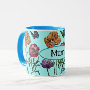 Shabby Poppy Red Purple on Aqua Mum Mothers Day Mug