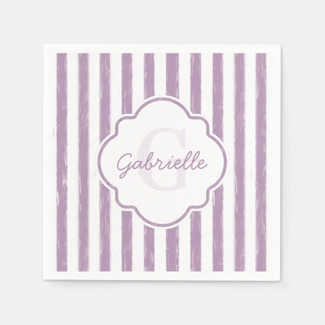 Shabby Purple Painted Stripes Monogram and Name Napkin (Front)