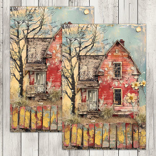 SHABBY RED FARMHOUSE MIXED MEDIA DECOUPAGE TISSUE PAPER