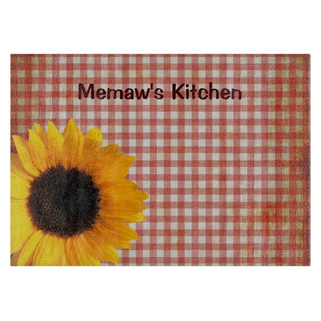 Shabby Red Gingham and Sunflower Custom Cutting Board (Front)