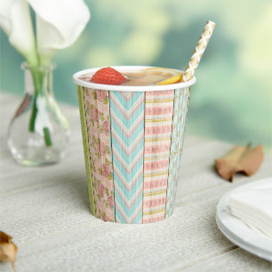 Shabby Rose Pastel Pattern on Rustic Wood Cottage Paper Cups