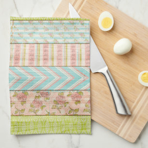 Shabby Rose Pastel Pattern on Rustic Wood Cottage Tea Towel