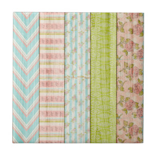 Shabby Rose Pastel Pattern on Rustic Wood Cottage Tile