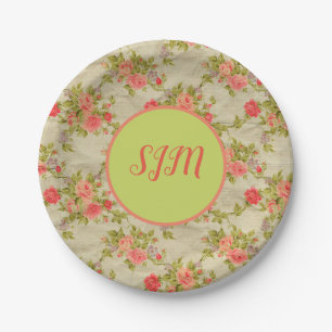 Shabby Roses Monogram Paper Plate
