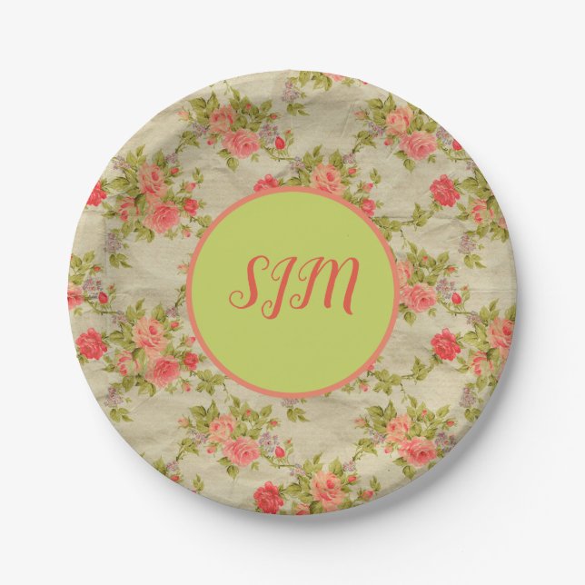 Shabby Roses Monogram Paper Plate (Front)