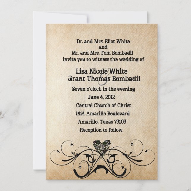 Shabby Rustic Black Heart Wedding Invitation (Front)