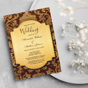 Shabby vintage brown gold floral damask Wedding Invitation
