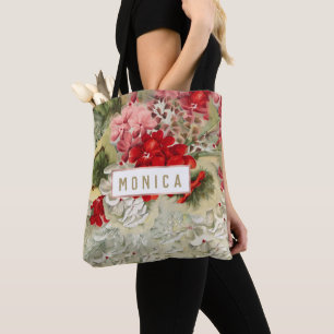 Shabby vintage ivory pink red floral collage tote bag