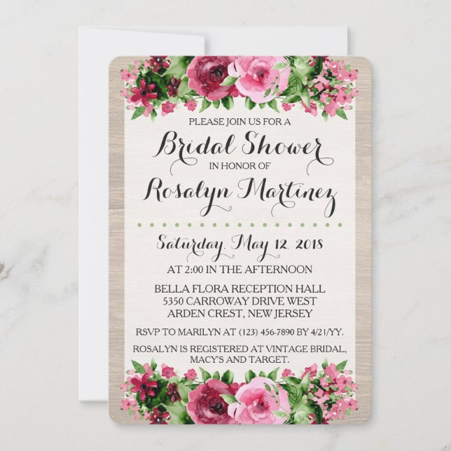 Shabby Vintage Roses Rustic Wood Bridal Shower Invitation (Front)