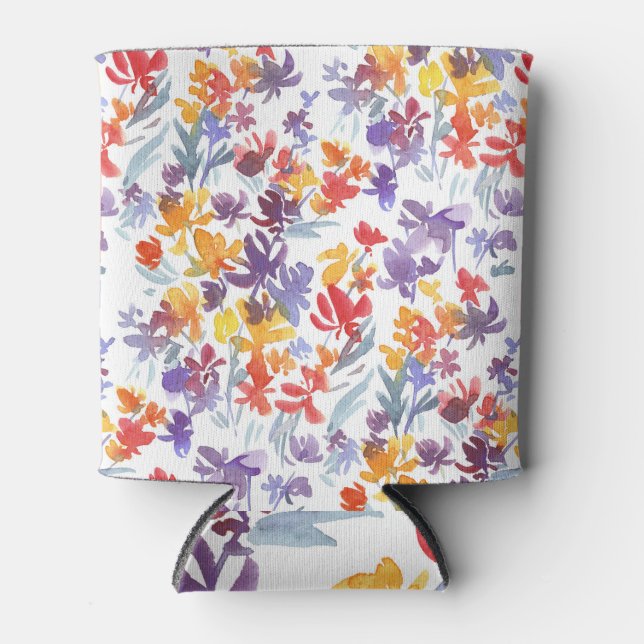 Shabby Watercolor Summer Flowers Pattern Can Cooler (Front)