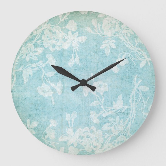 Shabby White and Blue Floral Large Clock (Front)