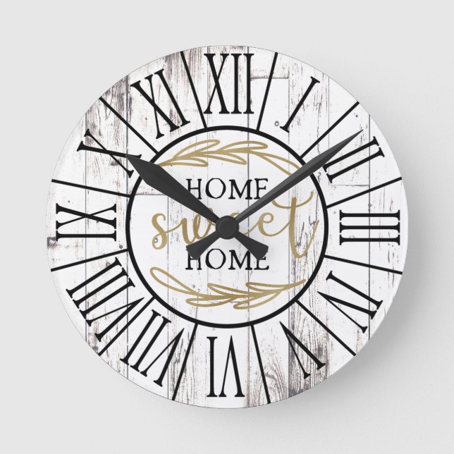 Shabby White Wood Country Farmhouse Home Sweet Round Clock (Front)