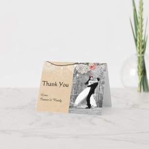 Shabbychic Burlap Pink Floral Lace Wedding Thank You Card