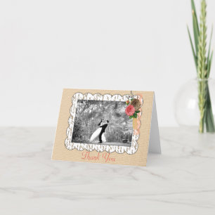Shabbychic Burlap Pink Floral Lace Wedding Thank You Card