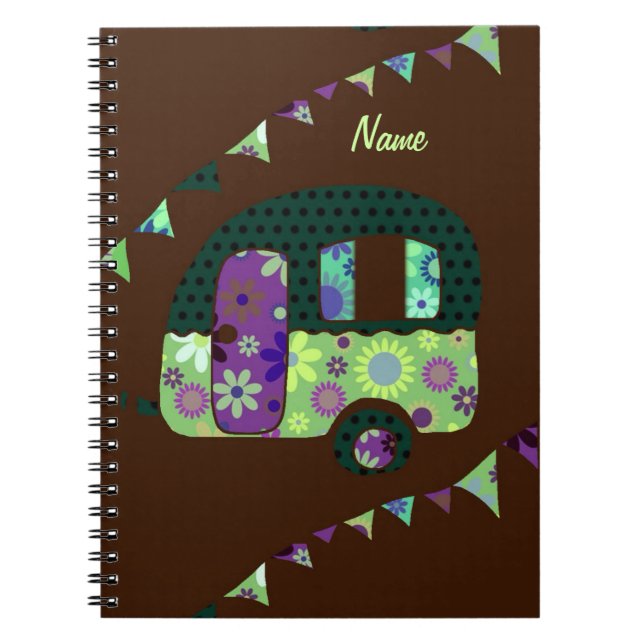 Shabbychic retro trailer, camper, caravan bunting spiral notebook (Front)