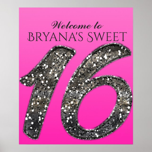 Shade of Pink & Silver Glitter 16 Sixteen Party Poster (Front)