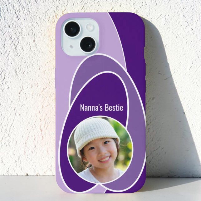 Shade of Purple Oval Replaceable Photo  iPhone 15 Case (Fun single custom photo & template text iPhone case with abstract purple art design. )