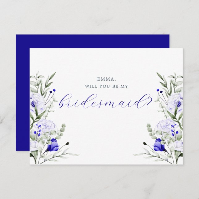 Shade Of Royal Blue Ivory Floral Bridesmaid Card (Front/Back)