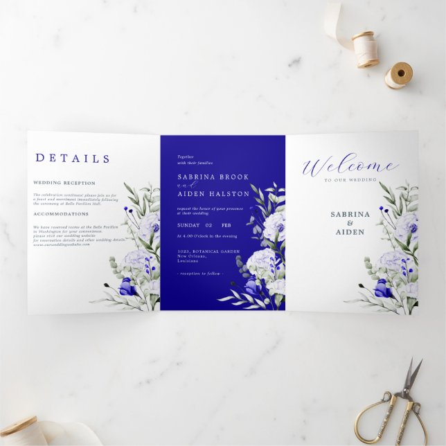 Shade Of Royal Blue Ivory Floral Wedding Tri-Fold Announcement (Inside)