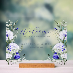 Shade Of Royal Blue Ivory Floral Wedding Welcome Acrylic Sign
