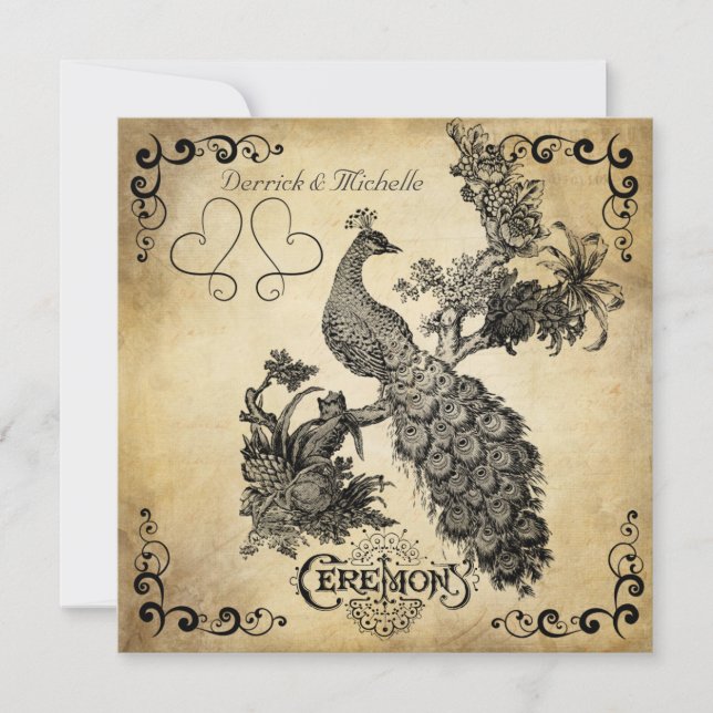 Shaded Cream Vintage Peacock Wedding Invitation (Front)