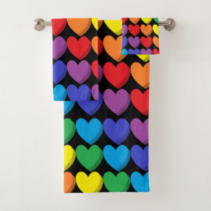Shaded Rainbow Hearts Black Bath Towel Set