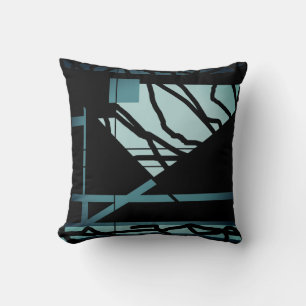 Shaded Teal Abstract Flag-like Art Design on Black Cushion