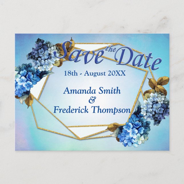 Shades / Blue Watercolor Hydrangeas Save the Dates Announcement Postcard (Front)