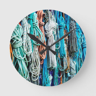 Shades of Aqua Blue Boat Ropes - Nautical Print Round Clock