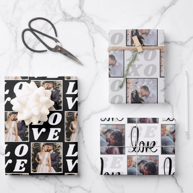 Shades of Black & Gray Christmas Photo 3 Gift Wrapping Paper Sheet (Front)