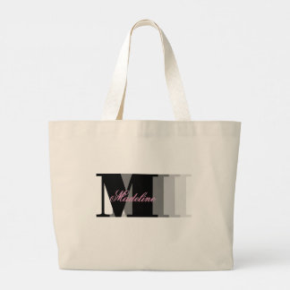 Shades of Black Monogram Typography Pink Script Large Tote Bag