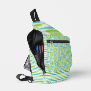 SHADES OF BLUE AND GREEN STRIPES GREEK KEY PATTERN SLING BAG