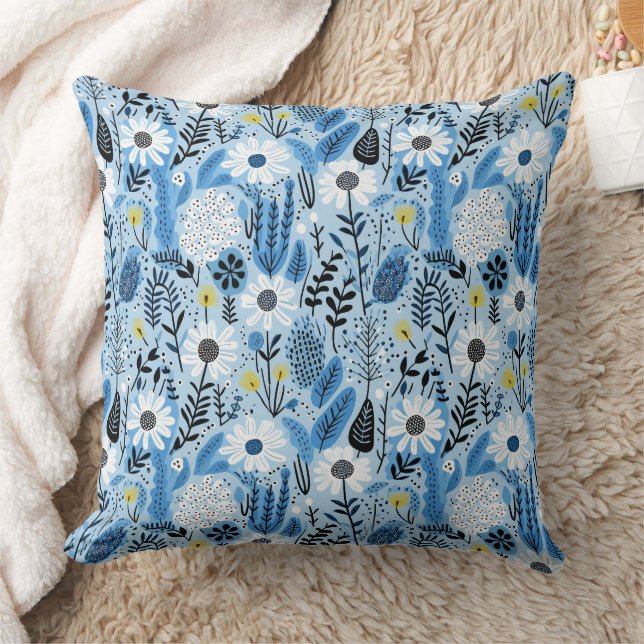 Shades of Blue and White Daisies and Leaves Cushion (Blanket)