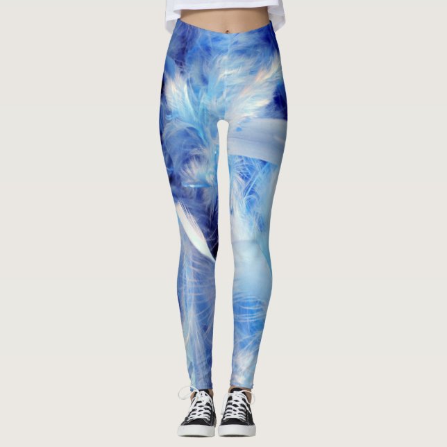 Shades of Blue and White Feathers Pattern Cool Leggings (Front)