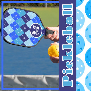 Shades of Blue Argyle Sporty Preppy Personalised Pickleball Paddle