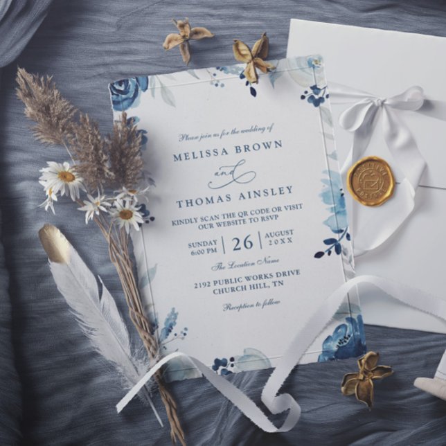 Shades of Blue Botanical Floral QR Code Wedding  Invitation (Creator Uploaded)