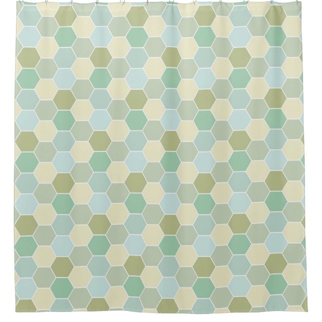 Shades of Blue, Cream, and Green Honeycomb Pattern Shower Curtain (Front)