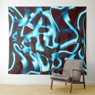 Shades of blue cyan on abstract tapes up dark red tapestry