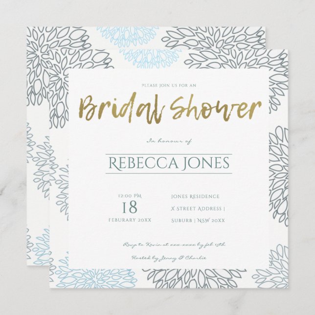 SHADES OF BLUE DAHLIA PATTERN BRIDAL SHOWER INVITATION (Front/Back)