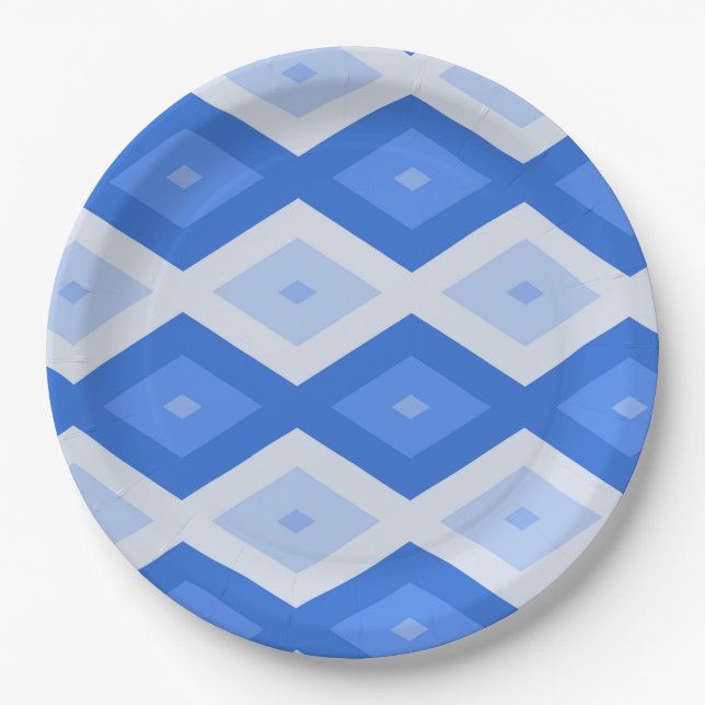 Shades of blue diamond pattern paper plate (Front)